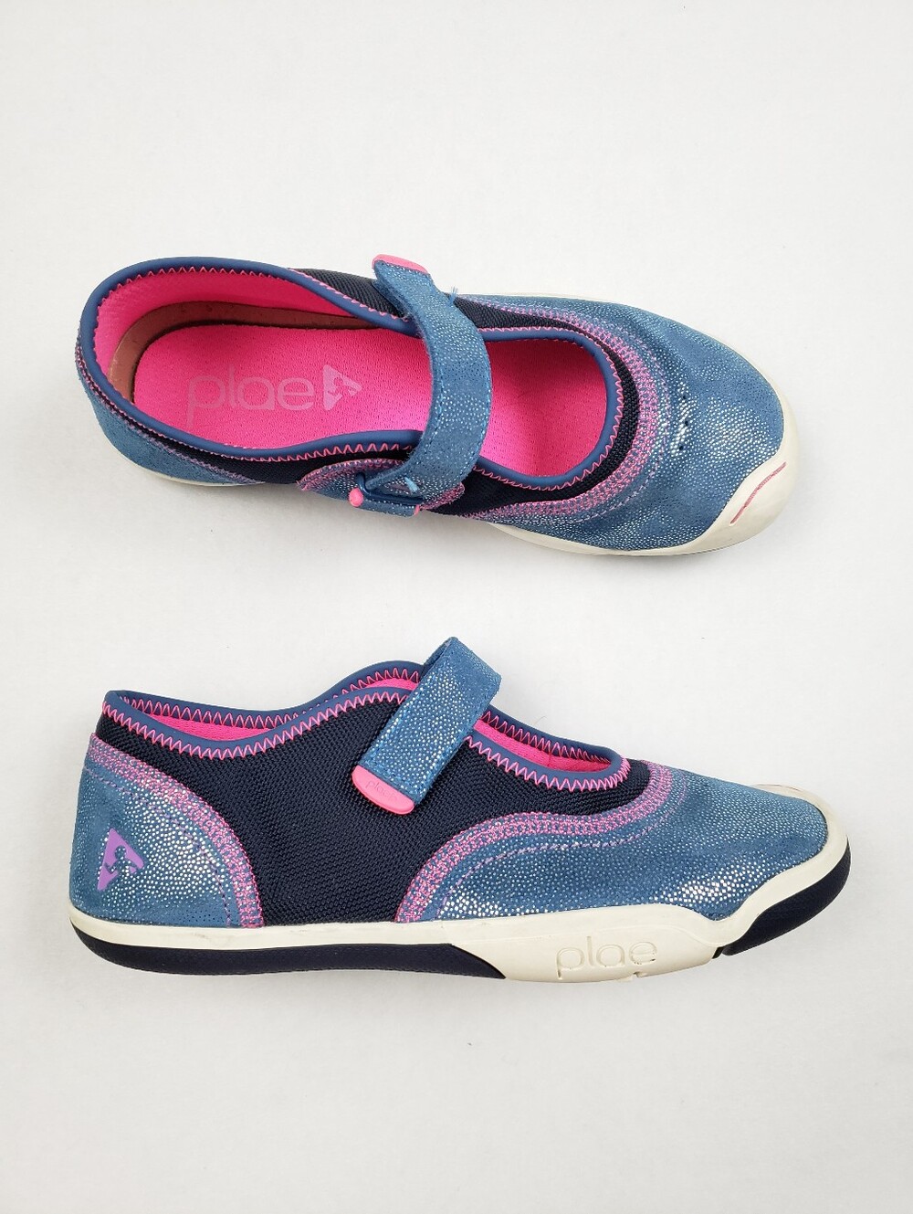 Plae Emme Youth Sporty Mary Janes Size 4.5 Sparkly Blue And Pink